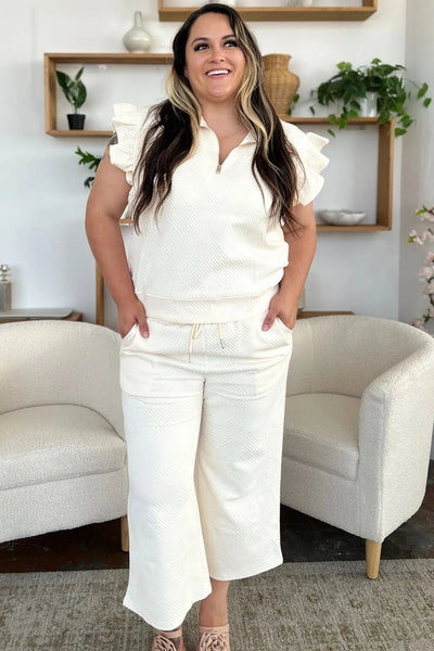 Double Take Texture Ruffle Short Sleeve Top and Drawstring Wide Leg Pants Set - Your Second Look
