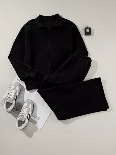 Drop Shoulder Zip Up Jacket and Drawstring Pants Set - Your Second Look