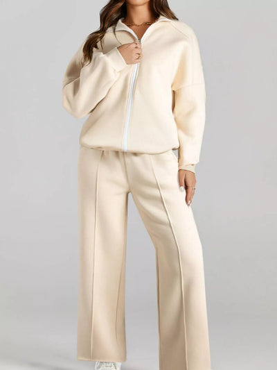 Drop Shoulder Zip Up Jacket and Drawstring Pants Set - Your Second Look