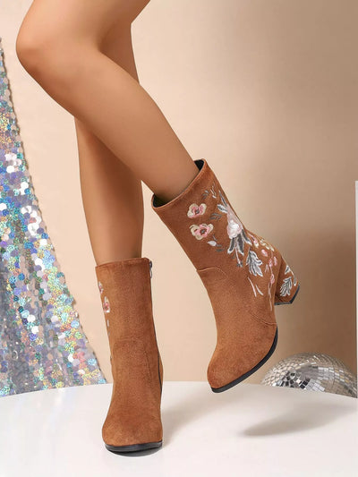 Floral Embroidered Block Heel Boots - Your Second Look