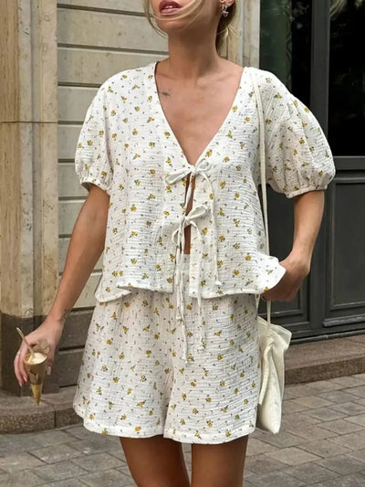 Floral Print Tie - Front Top and Shorts Set - Your Second Look