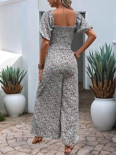 Floral Smocked Square Neck Puff Sleeve Jumpsuit - Your Second Look