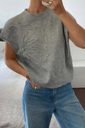 Flower Pattern Ribbed Trim Short Sleeve Boxy Sweater - Your Second Look