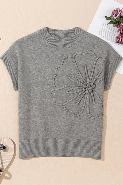 Flower Pattern Ribbed Trim Short Sleeve Boxy Sweater - Your Second Look