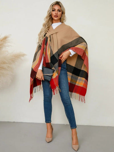 Fringe Contrast Plaid Poncho - Your Second Look