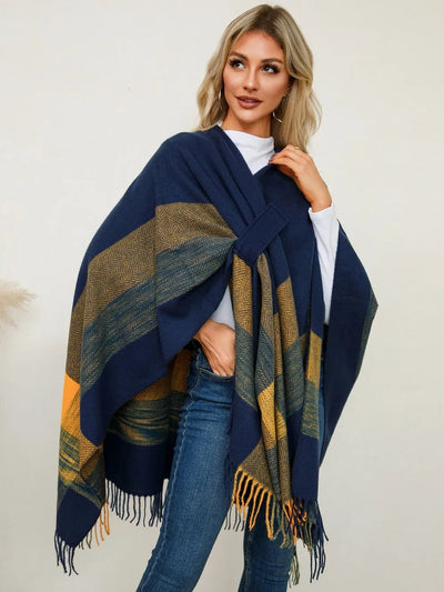 Fringe Contrast Plaid Poncho - Your Second Look