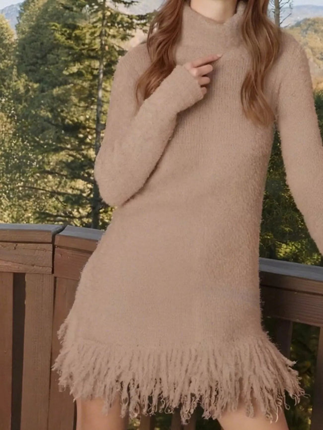 Fringe Turtleneck Long Sleeve Sweater Dress - Your Second Look