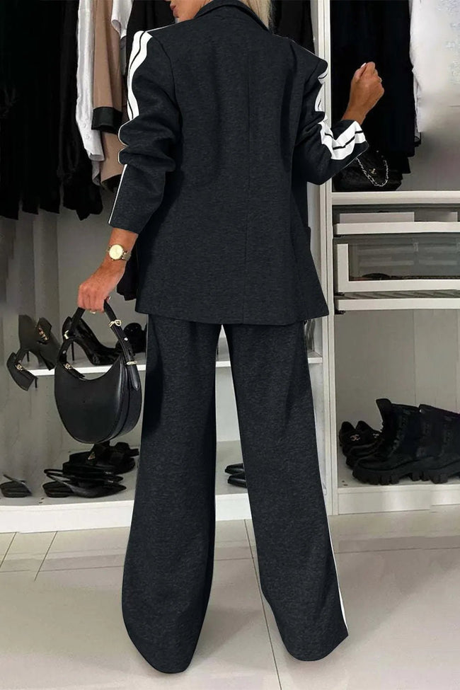 Full Size Contrast Lapel Collar Top and Pants Set - Your Second Look