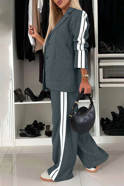 Full Size Contrast Lapel Collar Top and Pants Set - Your Second Look