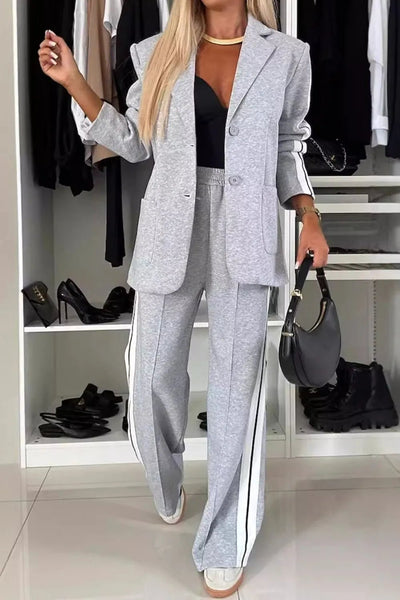 Full Size Contrast Lapel Collar Top and Pants Set - Your Second Look