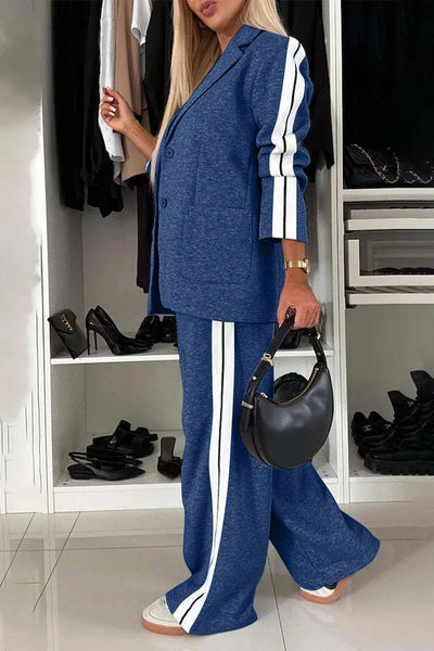 Full Size Contrast Lapel Collar Top and Pants Set - Your Second Look