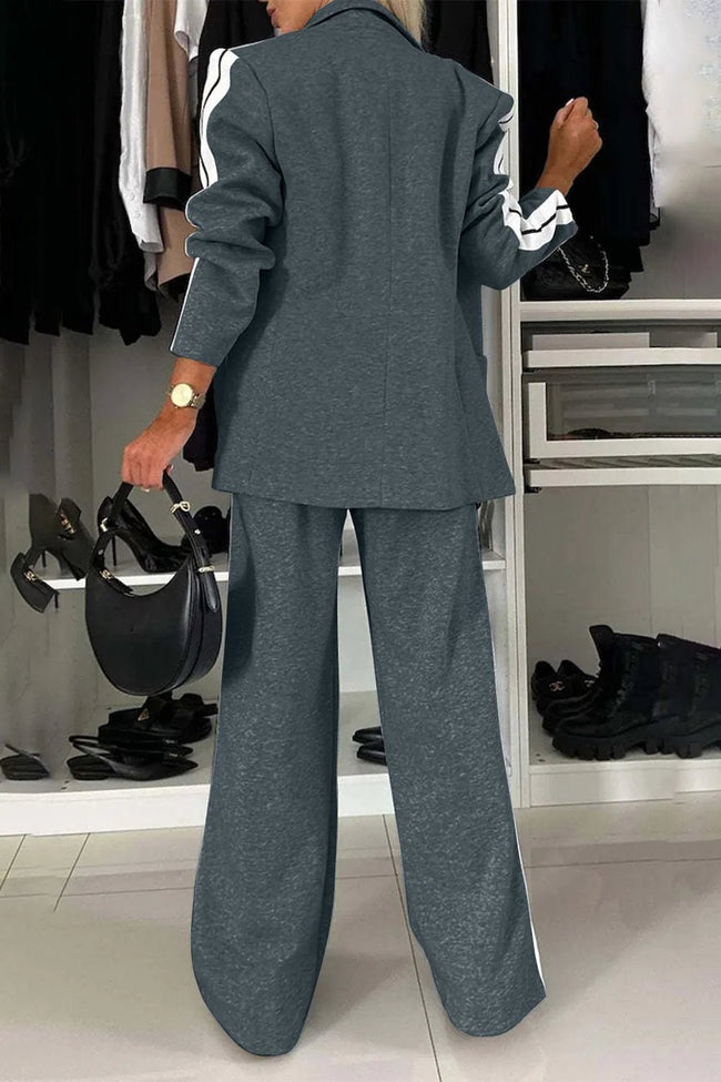 Full Size Contrast Lapel Collar Top and Pants Set - Your Second Look