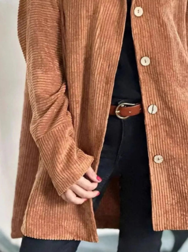 Full Size Corduroy Button Up Hooded Jacket Plus Size - Your Second Look
