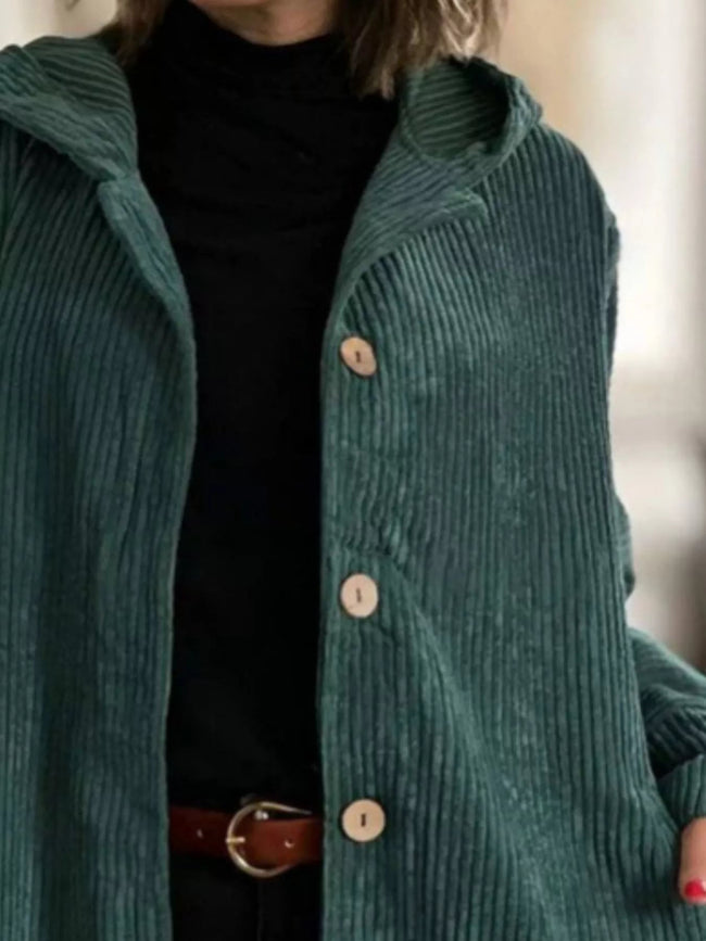 Full Size Corduroy Button Up Hooded Jacket Plus Size - Your Second Look