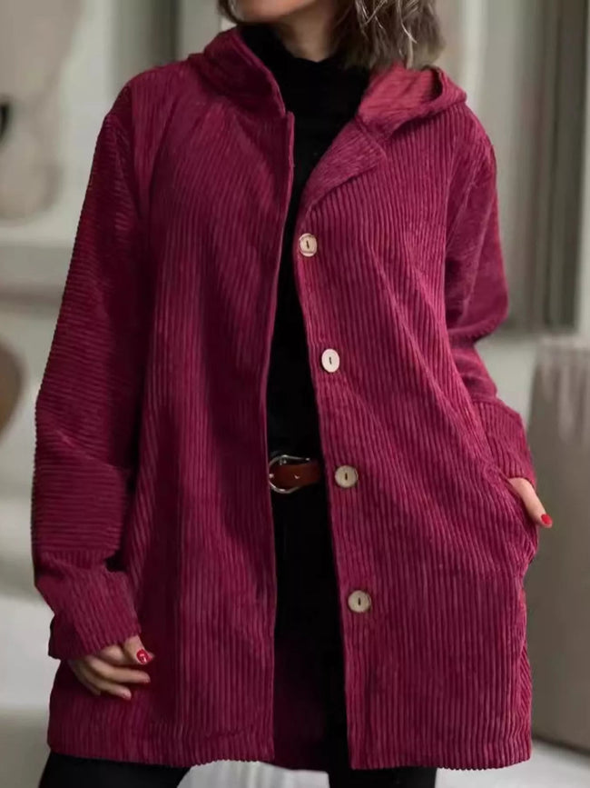 Full Size Corduroy Button Up Hooded Jacket Plus Size - Your Second Look