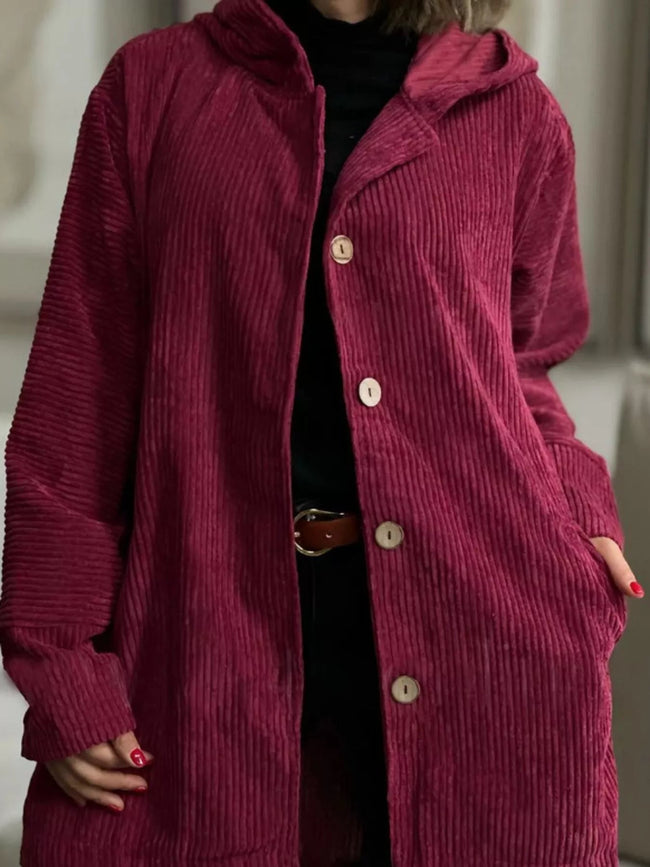 Full Size Corduroy Button Up Hooded Jacket Plus Size - Your Second Look