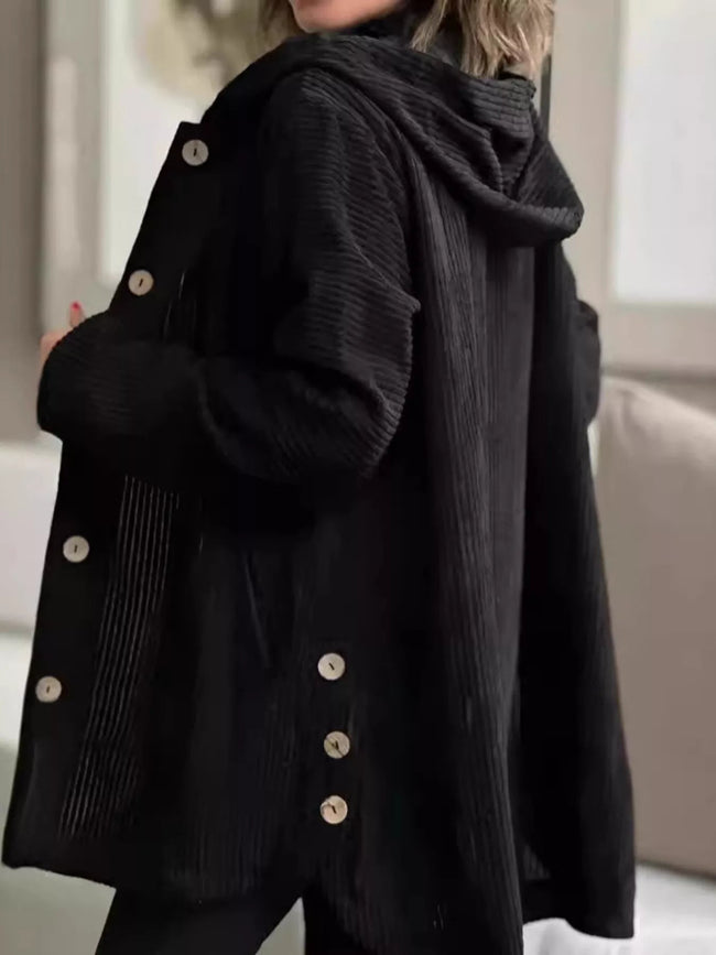 Full Size Corduroy Button Up Hooded Jacket Plus Size - Your Second Look