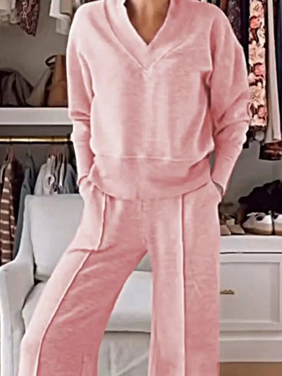 Full Size Cozy V - Neck Top and Pants Set Plus Size - Your Second Look