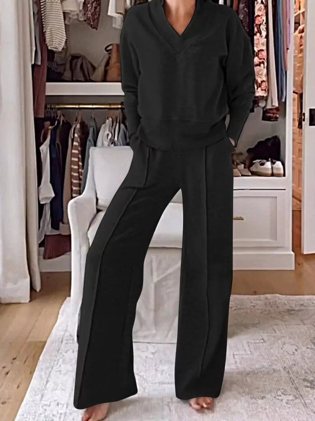 Full Size Cozy V - Neck Top and Pants Set Plus Size - Your Second Look