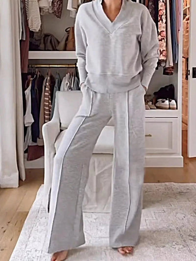 Full Size Cozy V - Neck Top and Pants Set Plus Size - Your Second Look