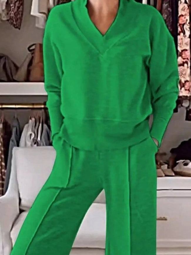 Full Size Cozy V - Neck Top and Pants Set Plus Size - Your Second Look