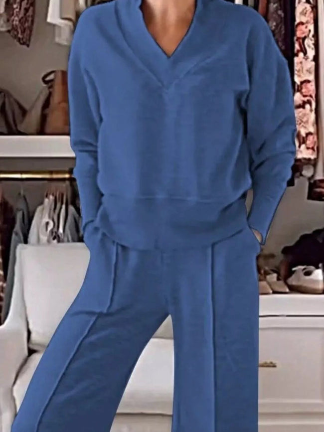 Full Size Cozy V - Neck Top and Pants Set Plus Size - Your Second Look