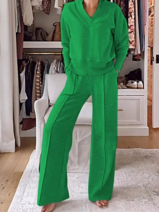 Full Size Cozy V - Neck Top and Pants Set Plus Size - Your Second Look