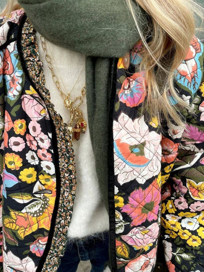 Full Size Floral Print Quilted Sherpa - Lined Jacket Plus Size - Your Second Look