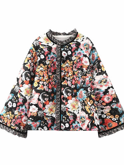Full Size Floral Print Quilted Sherpa - Lined Jacket Plus Size - Your Second Look