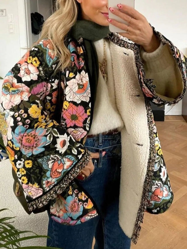 Full Size Floral Print Quilted Sherpa - Lined Jacket Plus Size - Your Second Look