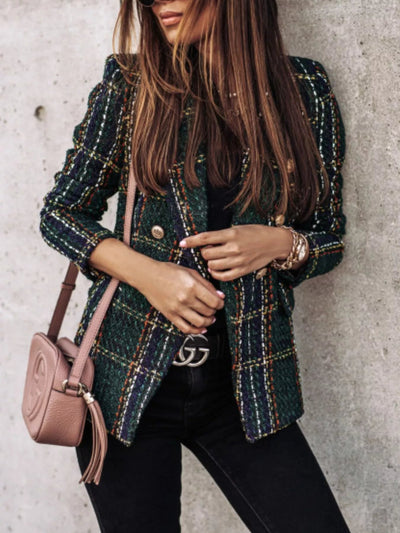 Full Size Plaid Tweed Double - Breasted Blazer Plus Size - Your Second Look