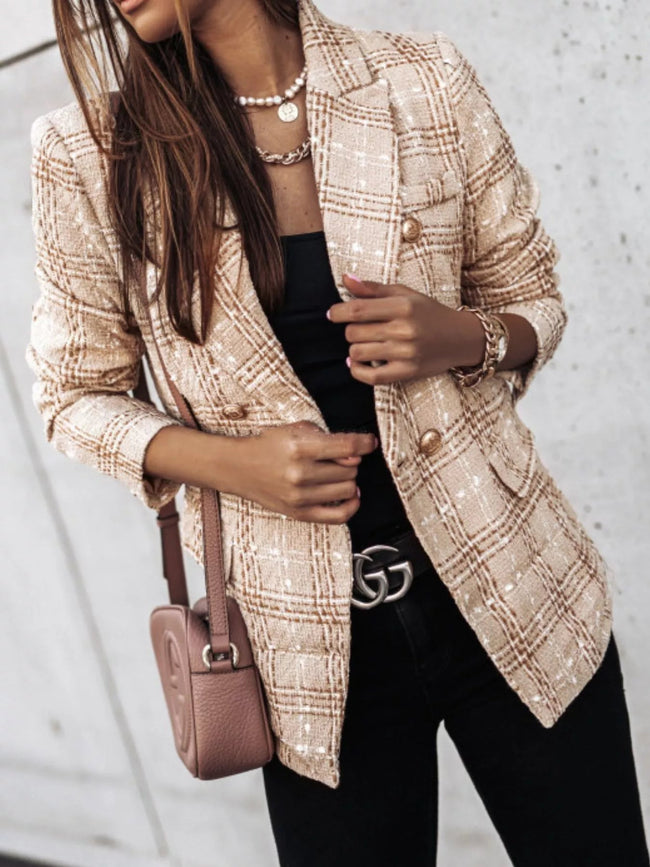 Full Size Plaid Tweed Double - Breasted Blazer Plus Size - Your Second Look
