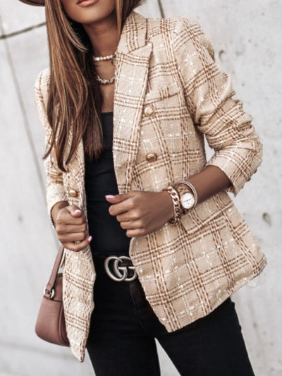 Full Size Plaid Tweed Double - Breasted Blazer Plus Size - Your Second Look