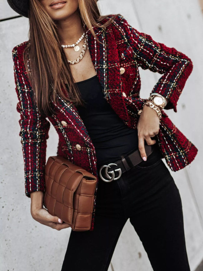Full Size Plaid Tweed Double - Breasted Blazer Plus Size - Your Second Look