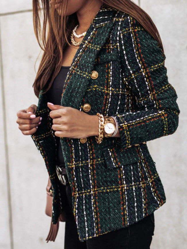 Full Size Plaid Tweed Double - Breasted Blazer Plus Size - Your Second Look