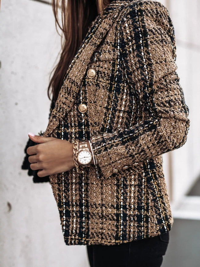 Full Size Plaid Tweed Double - Breasted Blazer Plus Size - Your Second Look