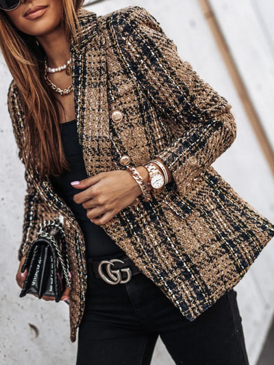 Full Size Plaid Tweed Double - Breasted Blazer Plus Size - Your Second Look