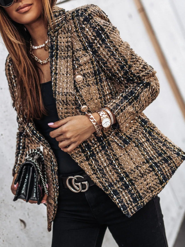 Full Size Plaid Tweed Double - Breasted Blazer Plus Size - Your Second Look
