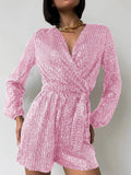 Full Size Sequin Surplice Tie Waist Long Sleeve Romper - Your Second Look