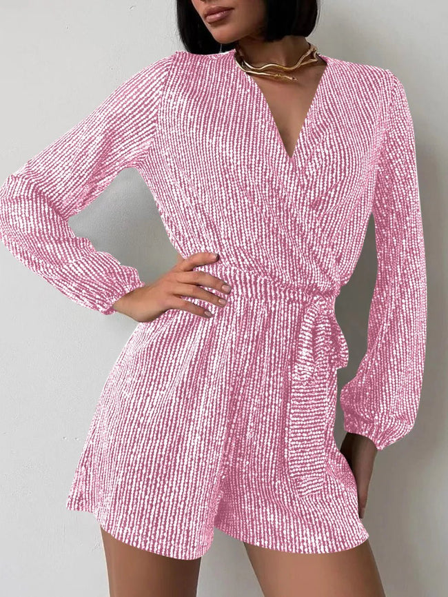 Full Size Sequin Surplice Tie Waist Long Sleeve Romper - Your Second Look