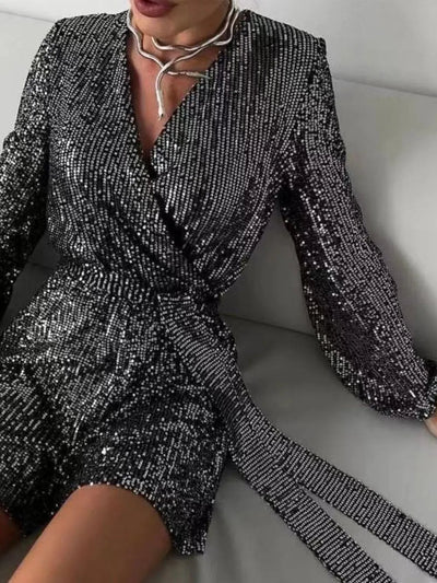 Full Size Sequin Surplice Tie Waist Long Sleeve Romper - Your Second Look