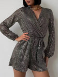 Full Size Sequin Surplice Tie Waist Long Sleeve Romper - Your Second Look