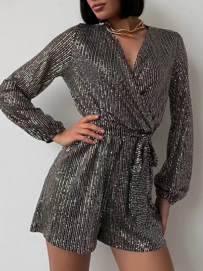 Full Size Sequin Surplice Tie Waist Long Sleeve Romper - Your Second Look