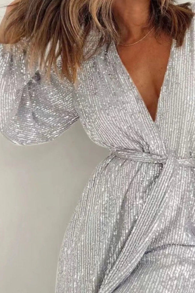 Full Size Sequin Surplice Tie Waist Long Sleeve Romper - Your Second Look