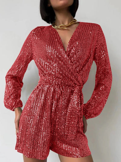 Full Size Sequin Surplice Tie Waist Long Sleeve Romper - Your Second Look