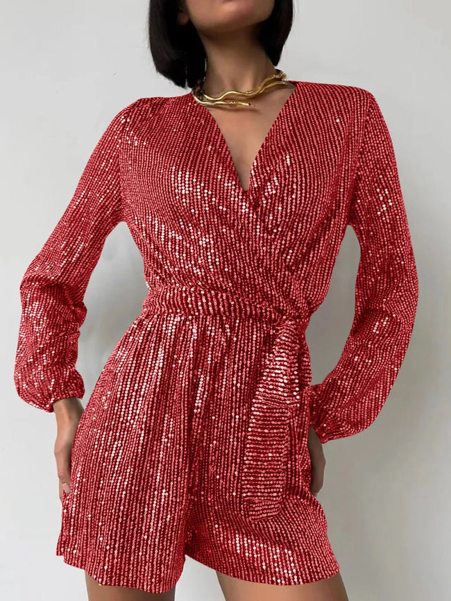Full Size Sequin Surplice Tie Waist Long Sleeve Romper - Your Second Look