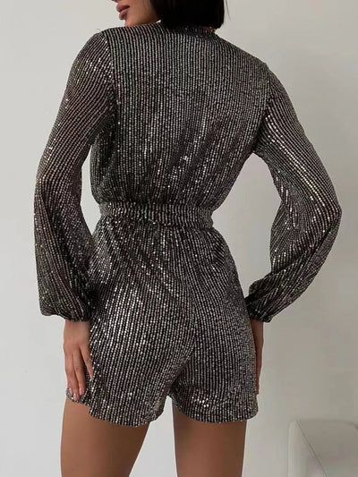 Full Size Sequin Surplice Tie Waist Long Sleeve Romper - Your Second Look