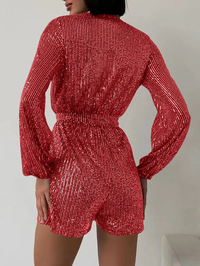 Full Size Sequin Surplice Tie Waist Long Sleeve Romper - Your Second Look