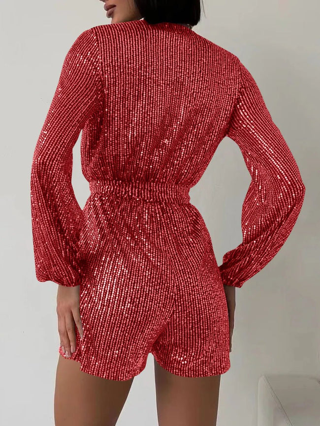Full Size Sequin Surplice Tie Waist Long Sleeve Romper - Your Second Look