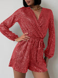Full Size Sequin Surplice Tie Waist Long Sleeve Romper - Your Second Look
